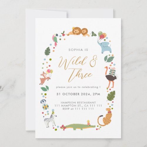 Modern Safari Wild Three 3rd Birthday Invitation