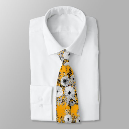 Modern Saffron Gray White Floral Watercolor Paint Neck Tie
