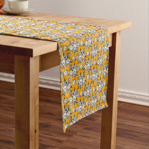 Modern Saffron Gray White Floral Watercolor Paint Short Table Runner