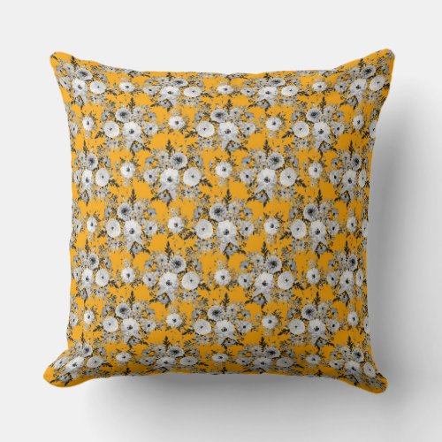 Modern Saffron Gray White Floral Watercolor Paint Throw Pillow