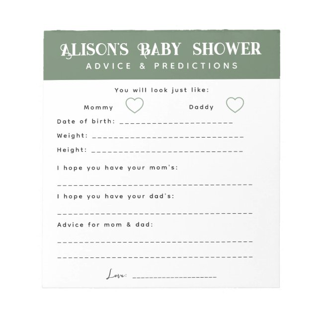 Modern Sage Advice and Predictions Baby Shower Notepad (Front)