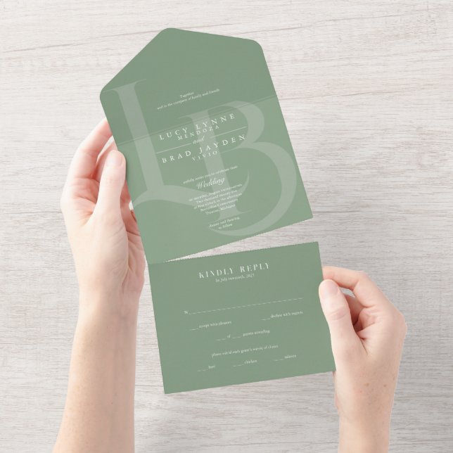 Modern Sage All-in-One Wedding Invite | Initials (Tearaway)