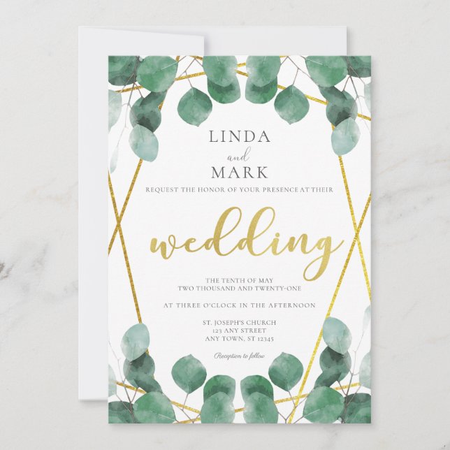 Modern Sage and Gold Eucalyptus Greenery Wedding Invitation (Front)