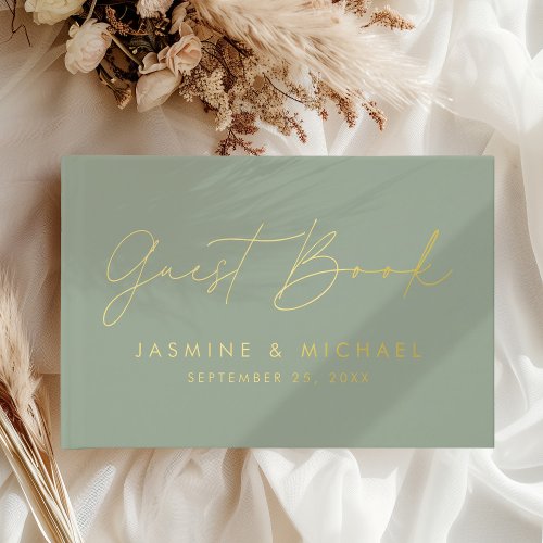 Modern Sage and Gold Foil Script Photo Wedding Foil Guest Book