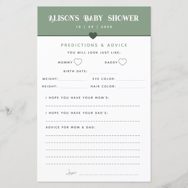Modern Sage Baby Shower Advice and Predictions (Front)