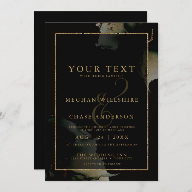 Modern Sage Black Custom3  Watercolor  Invitation (Front/Back)