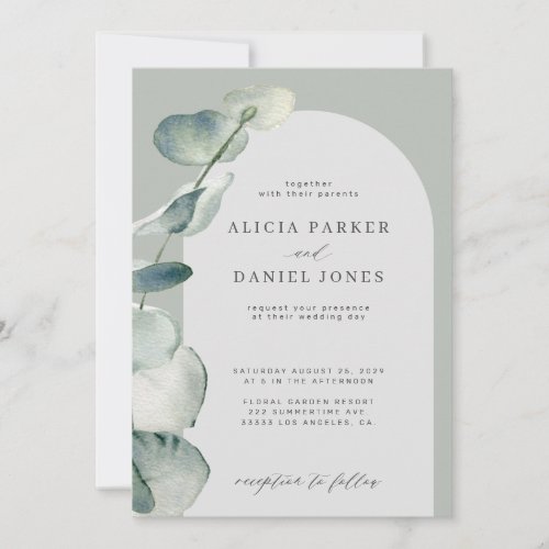 Modern sage boho arch eucalyptus wedding invitation