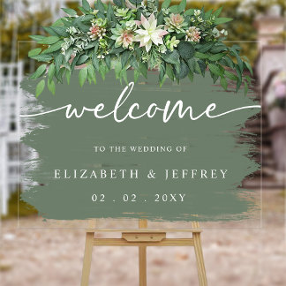 Modern Sage Brush Strokes Wedding Welcome Acrylic Sign