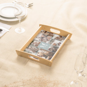 Modern Sage Elegant Family Photo Collage & Initial Serving Tray