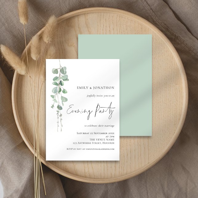 Modern Sage. Eucalyptus Wedding Evening Party Invitation (Front and back view)