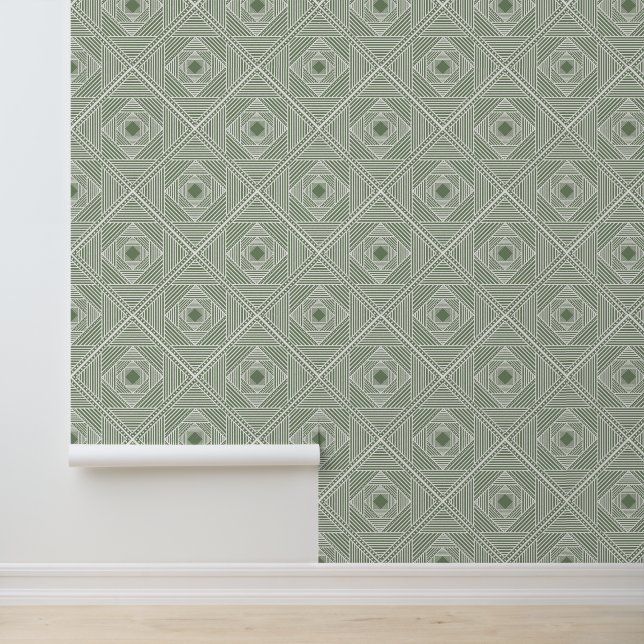 Modern Sage Geometric Diamond Pattern Wallpaper (Application)