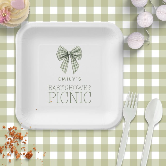 Modern Sage Gingham Bow Name Baby Shower Picnic Paper Plates (Creator Uploaded)