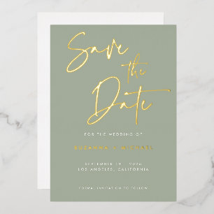 Modern Sage Gold Calligraphy Script Wedding Foil Invitation