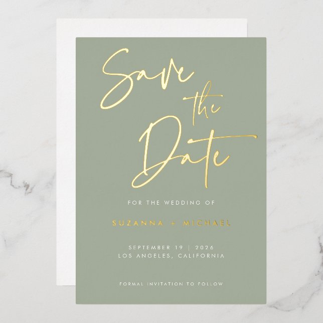 Modern Sage Gold Calligraphy Script Wedding Foil Invitation (Front/Back)