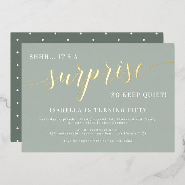 Modern Sage & Gold Script Surprise Birthday Party Foil Invitation (Front/Back)
