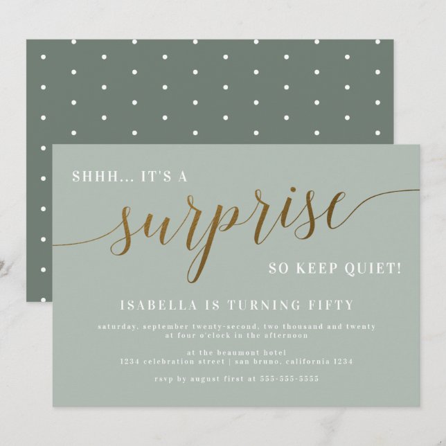 Modern Sage & Gold Script Surprise Birthday Party Invitation (Front/Back)