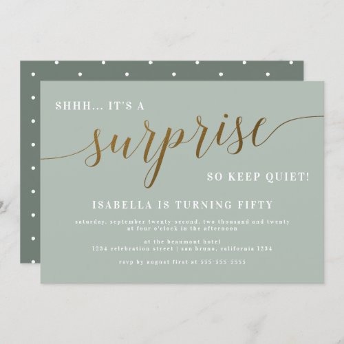 Modern Sage  Gold Script Surprise Birthday Party Invitation