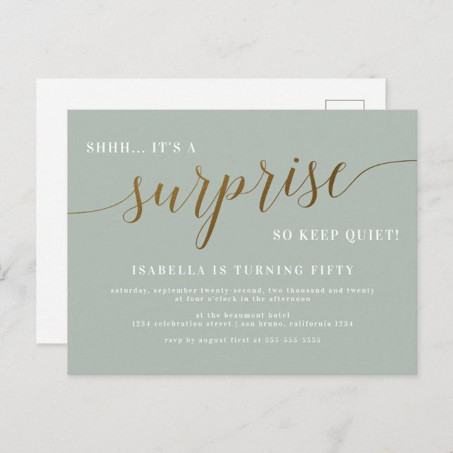 Modern Sage & Gold Script Surprise Birthday Party Invitation Postcard (Front/Back)