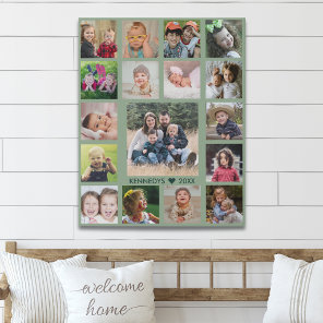 Modern Sage Green 17 Photo Collage Family Name Faux Canvas Print