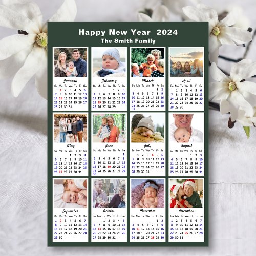 Modern Sage Green 2024 Calendar 12 Photo Collage Holiday Card
