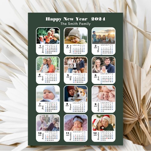 Modern Sage Green 2024 Calendar 12 Photo Collage Holiday Card