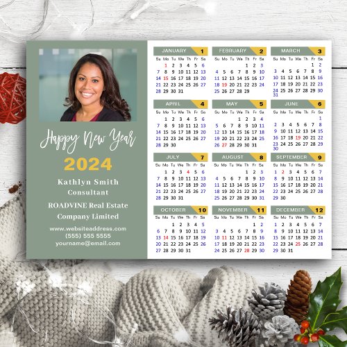 Modern Sage Green 2024 Calendar Business Photo Holiday Card