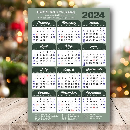 Modern Sage Green 2024 Calendar Business Simple Holiday Card