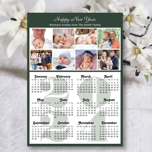 Modern Sage Green 2024 Calendar Family 8 Photo Holiday Card
