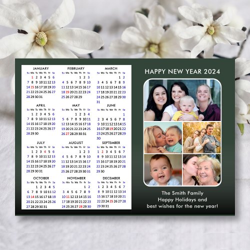 Modern Sage Green 2024 Calendar Minimalist 5 Photo Holiday Card