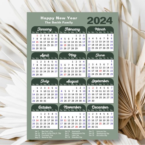 Modern Sage Green 2024 Calendar Minimalist Script Holiday Card