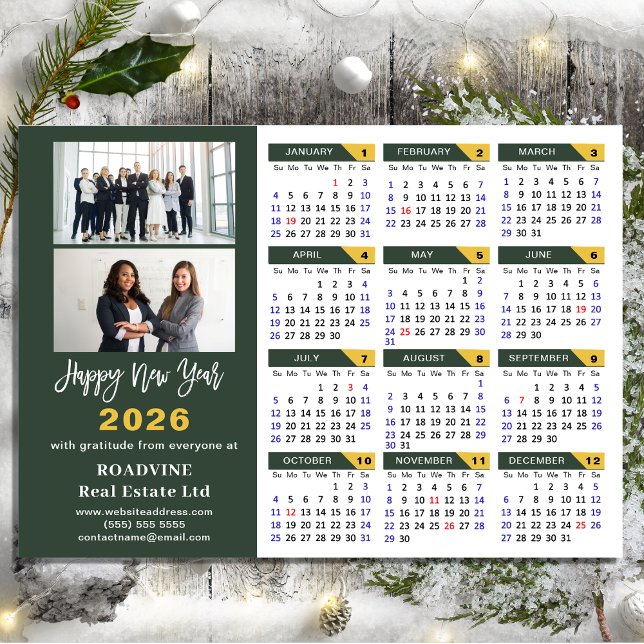 Modern Sage Green 2026 Calendar Business 2 Photo Holiday Card (Creator Uploaded)