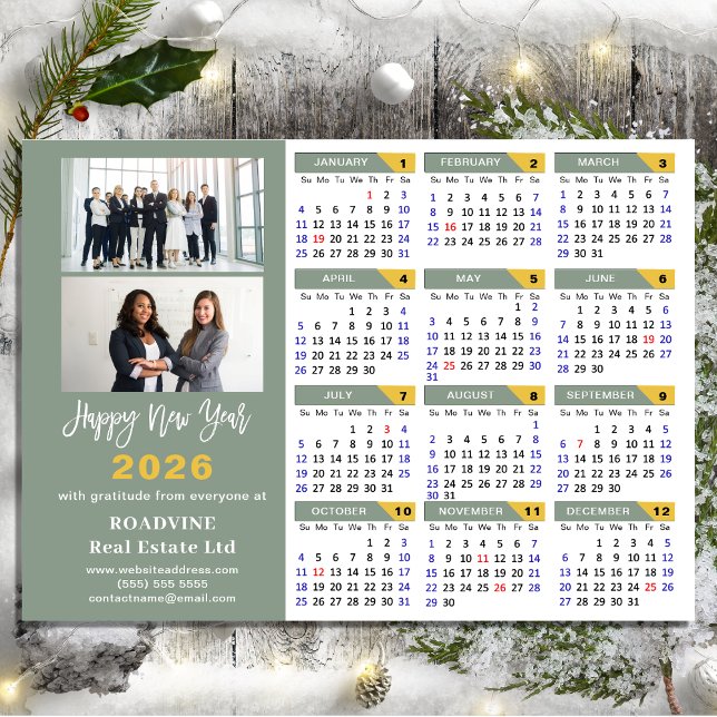 Modern Sage Green 2026 Calendar Business Minimal Holiday Card (Creator Uploaded)