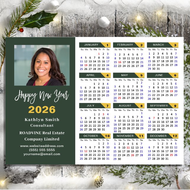 Modern Sage Green 2026 Calendar Business Photo Holiday Card (Creator Uploaded)