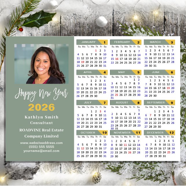 Modern Sage Green 2026 Calendar Business Photo Holiday Card (Creator Uploaded)