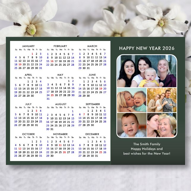 Modern Sage Green 2026 Calendar Minimalist 5 Photo Holiday Card (Creator Uploaded)