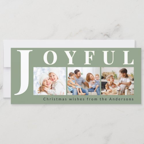 Modern Sage Green 3 Photo Collage Joyful Christmas Holiday Card