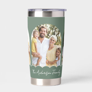 Modern Sage Green 3 Photo Script Family Name Insulated Tumbler