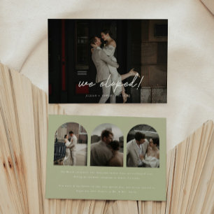 Modern Sage Green 4-Photo Arch Wedding Elopement Announcement