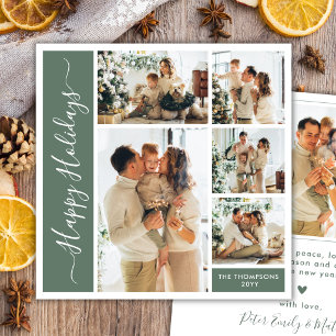 Modern Sage Green 5 Photo Happy Holidays Collage Holiday Card