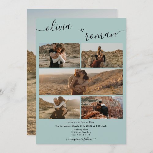 Modern sage green 6 photos grid collage wedding invitation