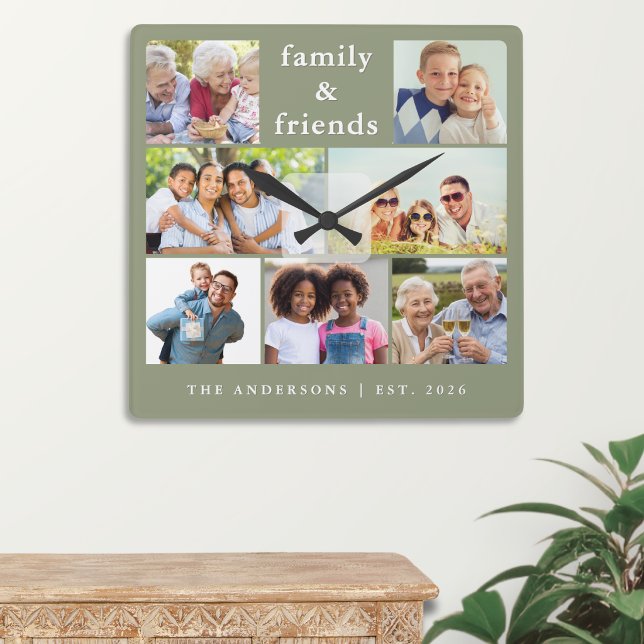 Modern Sage Green 7 Photo Collage Custom Name Square Wall Clock (A personalized sage green wall clock, with 7 photos of family and friends, with custom name and year)