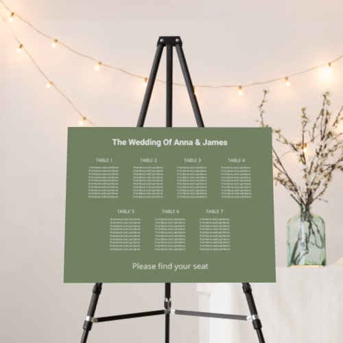 Modern Sage Green 7 Table Seating Chart Foam Board