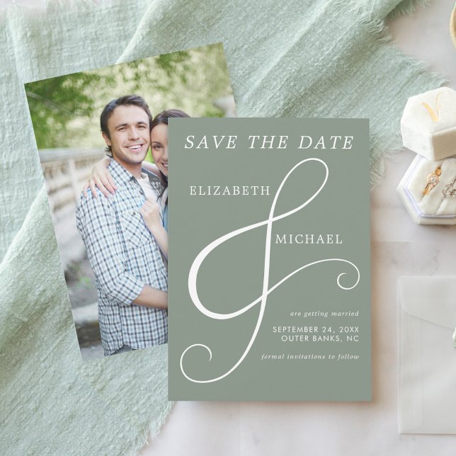 Modern Sage Green Ampersand Elegant Photo Save The Date (Creator Uploaded)