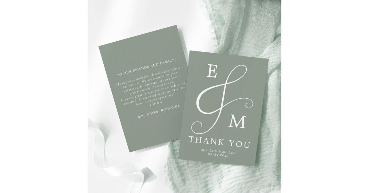 Modern Sage Green Ampersand Monogram Wedding Thank You Card | Zazzle