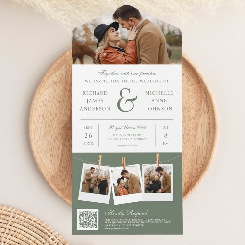 Modern Sage Green Ampersand Photo QR Code Wedding All In One Invitation