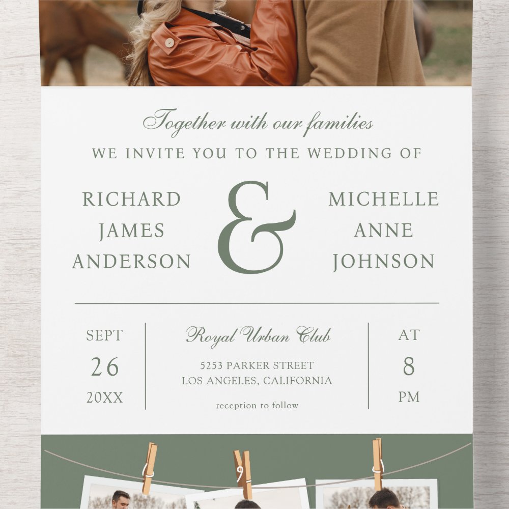 Discover Modern Sage Green Ampersand Photo QR Code Wedding All In One Invitation