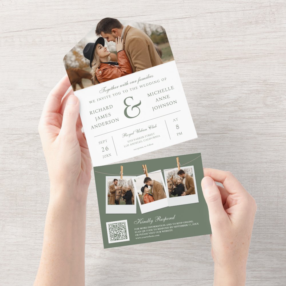 Discover Modern Sage Green Ampersand Photo QR Code Wedding All In One Invitation