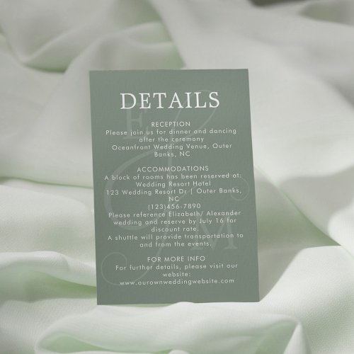 Modern Sage Green Ampersand Wedding Details Enclosure Card