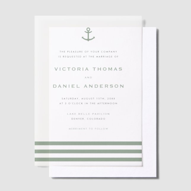 Modern Sage Green Anchor Nautical Wedding Vellum Invitations (Offset)