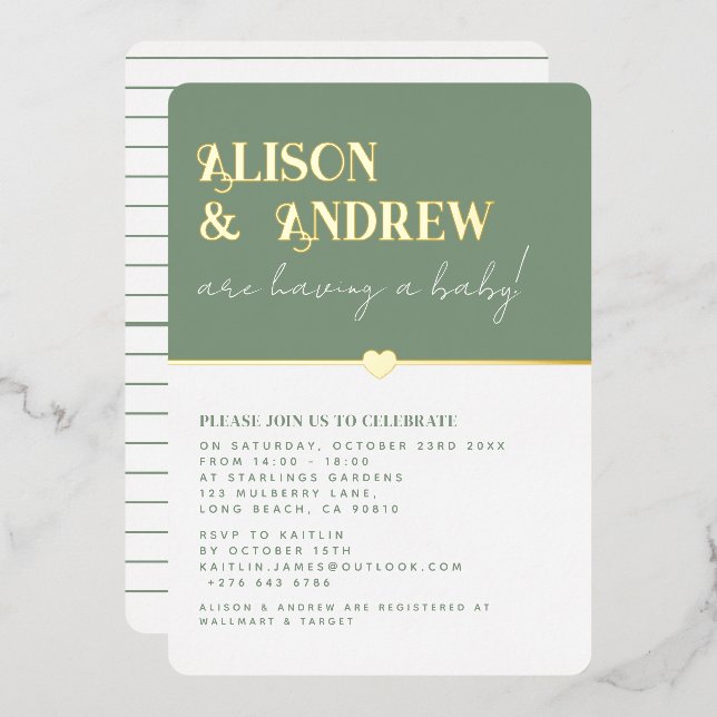 Modern Sage Green and Gold Couple's Baby Shower Foil Invitation (Front/Back)